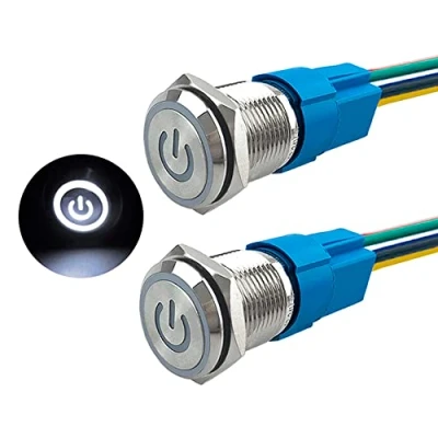 Bild av Aiqeer 2 stycken 16 mm självlåsande knappbrytare, 12 V/24 V 5 A vit LED vattentät metalltryckbrytare, med neddragbar kontakt