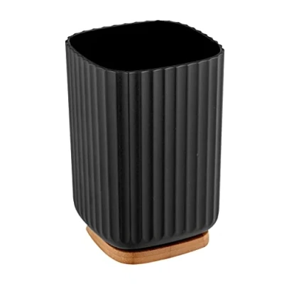 Bild av WENKO Tandborstmugg Rotello, mugg för borstning av tänder i plast och botten bambu, förvaringsalternativ tandborstredskap med praktisk spårstruktur, Ø 8,6 x 11,1 cm, svart/natur