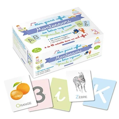 Bild av Mon grand coffret Montessori lettres rugueuses: Majuscules et cursives. Avec 104 rugueuses, 26 cartes images, 10 chiffrées + activités