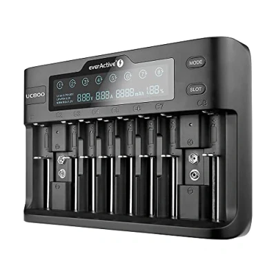 Bild av everActive laddare för upp till 10 batterier Li ion och NI MH, HV FePO4 professionell, snabb universell, LCD skärm, kapacitetstest, modell: UC800
