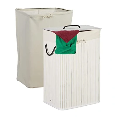 Bild av Relaxdays Bambu tvättkorg, vikbar tvättkorg med lock, 80 l, rektangulär, 2 tvättpåsar, 66 x 44 34 cm, vit, 1 st