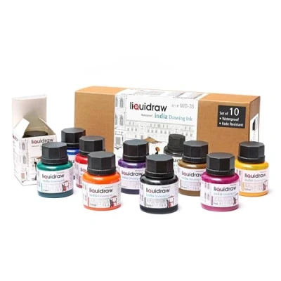 Bild av Liquidraw färgat ritat bläck set indiskt bläck, vattentät, med 10 blandade färger, 35 ml