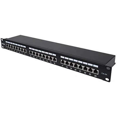 Bild av Intellinet 720861 24 port Cat6a patchpanel, skärmad FTP, 1 HE, spännlister med 90 graders vinklade kabelingångar, svart