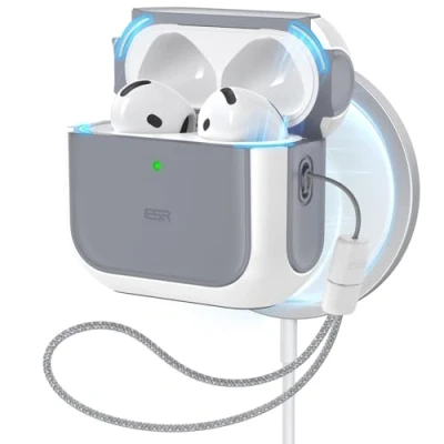 Bild av ESR Fodral för Airpods 4 (2024), kompatibel med 4:e gen (USB C), MagSafe, fallskydd snöre, magnetiskt lock, Orbit serien, vit