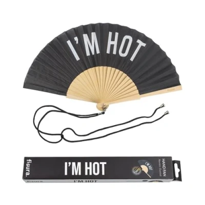 Bild av Fisura Originalfläkt med budskapet &quot;I&#039;m hot&quot;. Modern och rolig träfläkt. Svart solfjäder. Fläkt inklusive hängare. Mått: 42,5 centimeter x 23 centimeter.