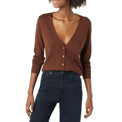 Bild av Amazon Essentials Kvinnors Lätt V ringad cardigan tröja (finns i plusstorlek), Brun, M