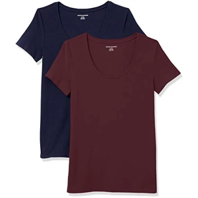 Bild av Amazon Essentials dam klassisk passform kortärmad rund hals t shirt (finns i plusstorlek), paket med 2, marinblå/vinröd, X Small