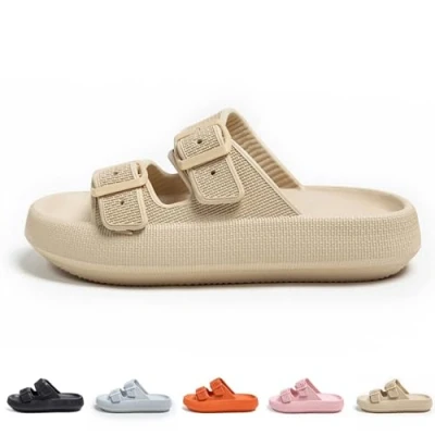 Bild av Hokuto Cozy Slides Original Cloud Tofflor, unisex dubbelt spänne mjuk sommar strand skor sandaler, kaki, 36/37 EU