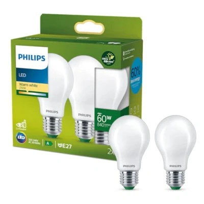 Bild av Philips Ultra Efficient Extremt energisnål klassisk ljuskälla, LED 60W, E27, A60, Frostat glas, varmvitt ljus, 2700 kelvin, dimbar, 2 pack
