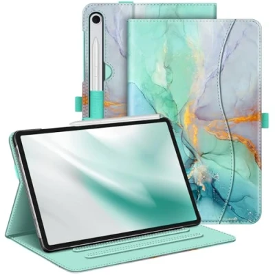 Bild av Fintie Fodral för Samsung Galaxy Tab S9 FE 10,9 tum/Tab 11 tum 2023 surfplatta, multivinkel folio, skyddsfodral med dokumentfack och automatisk sömn/väckningsfunktion, smaragd marmor