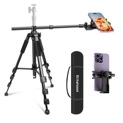 Bild av Elitehood Overhead stativ mobiltelefon, 180 cm horisontellt iPhone med 360 justerbart kulhuvud, hög tripod för videoinspelning 63,5 lång arm bärväska/klipphållare