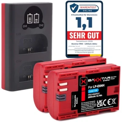 Bild av Baxxtar Pro LP E6NH 2600mAh batteri paket kompatibel med Canon R5 R5c R6 R6II R7 etc. laddare 18602 Mini LCD DUAL (ingång USB C och MicroUSB)
