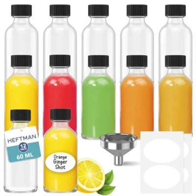 Bild av HEFTMAN Shotflaskor i glas med lock 12 pack, 60 ml skottflaskor 3 trattar och etiketter, återanvändbara pepparkotflaskor, tomma genomskinliga, lufttäta miniflaskor för ingefärsskott, juice,