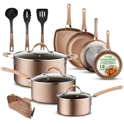 Bild av NutriChef Krukor och stekpannor set stapelbara keramisk non stick grytset, induktionshäll köksredskap, premium matlagningsset med lock, värmebeständig, 14 st, guld