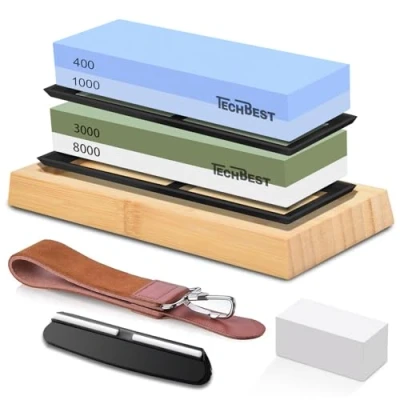 Bild av TechBest Slipstensset Premium slipsten set för knivar med dubbelsidiga kornslipstenar 400/1000 och 3000/8000, inkluderar platt sten, vinkelguide, bambubas, läderstroppar