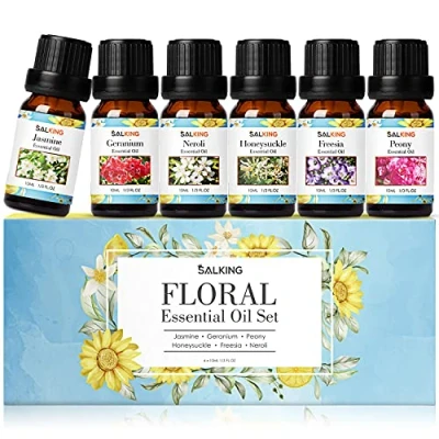 Bild av SALKING Eteriska oljor set, aromaterapi doftoljepresent, 100% ren doftoljor för diffusa doftlampor luftfuktare, massage, 6 x 10 ml (jasmin, pelergon, orange blossom geißblatt, freesie, pion)
