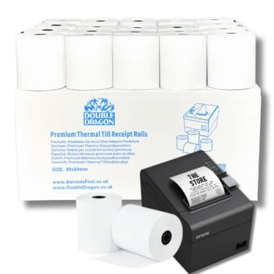Bild av Dubbel drake, 80 x mm premium termiskt papper till kvittorulle för EPOS skrivare, POS terminal, kassaregister [Paket med 10]