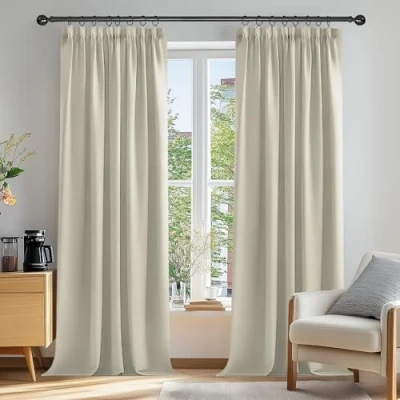 Bild av Deconovo mörkläggningsgardiner gardiner med volangband för sovrum barnkammare, 229x117cm (höjd x bredd), ljusbeige, uppsättning av 2