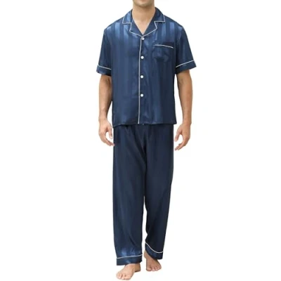 Bild av Reliwel pyjamas, herr, satin, män, kort, överdel, med knappslå och pyjamasbyxor, tvådelade nattkläder, hemmakläder, sovkläder, loungewear, Marin, L