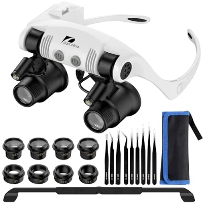 Bild av Pancellent förstoringsglas för klockreparation, huvudmonteringsförstoringsglas, 4 avtagbara linser, 2 LED ljus, handsfree läsning, smyckeslup, elektronisk reparation (10X, 15X,