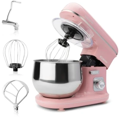 Bild av Bomann® retro köksmaskin för bakning knådningsmaskin 5 l med stark 1 100 W motor degmaskin inkl. krok och visp degknådningsmaskin, stänkskydd påfyllningsöppning KM 6030 CB rosa