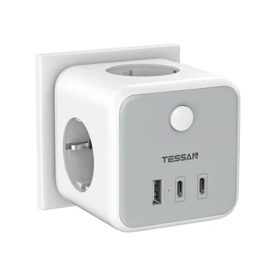 Bild av TESSAN USB C kontakt, 6 i 1 grenuttag med 3 AC uttag, multi kontakt 2 typ C, port, kubkontakt strömbrytare, vägguttag kompatibel Pad Phone för hemmakontoret