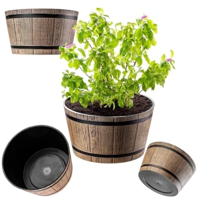 Bild av KADAX Växtkruka i träfatsdesign, Ø 40 cm, väderbeständig plast, för trädgård, terrass och balkong, dekorativ blomkruka, mockabrun, damm med vattenhink