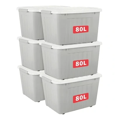 Bild av Cetomo 80 L x 6 förvaringslådor med hjul, plastförvaringslåda lock, spärrspännen, klickstängning, stapelbar, kapsling, hållbar organisatör för hemmakontorskläder, grå, pack