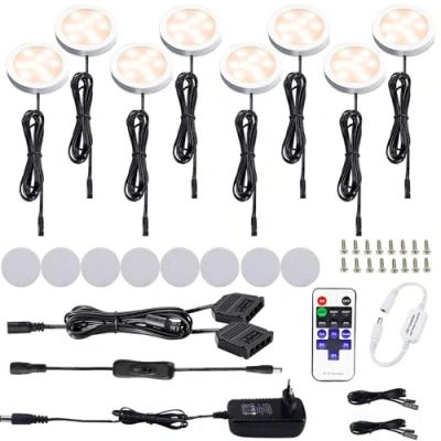 Bild av AIBOO LED skåplampor, 8 delat komplett set, under skåp belysning med fjärrkontroll, kökslampor, vitrinskåpsbelysning, varmt vitt 2700 K, set lampor för skåp, inklusive alla tillbehör