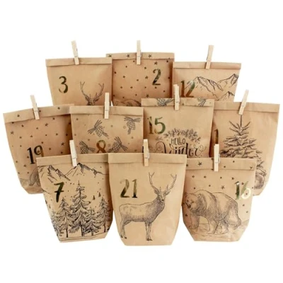 Bild av Papierdrachen ADV Tryckta påsar packpapper med vita klassiska julmotiv träklämmor set 14