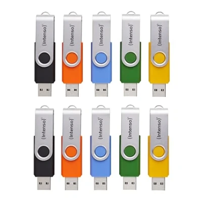 Bild av Intenso Basic Line 10 x 4 GB USB minne 2.0 med praktiska märkningsetiketter, gul, grön, svart, blå + orange, silvermetallstång, pack