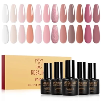 Bild av Rosalind UV nagellacksset, 12 färger gelégel nagellack transparent naken rosa shellac blötläggning gel bruna gelnaglar för nagelkonst manikyr