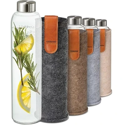 Bild av Cosumy Vattenflaska i Glas med Filtöverdrag 750 ml Diskmaskinssäker Läckagesäker BPA fri Lämplig för kolsyrade drycker (Antracit)