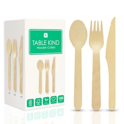 Bild av Table Kind 150 x biologiskt nedbrytbart bestickset i trä, knivar, gafflar, skedar, födelsedag, jul, camping, picknick eller grill, catering, redskap 17 cm