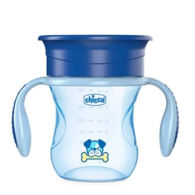 Bild av Chicco Perfect Cup First Glass för barn 200 ml, 1 flaskkopp 12+ månader att lära sig dricka, med 360 silikonmembran och avtagbara handtag, BPA fri blå eller