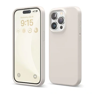 Bild av elago Kompatibel med iPhone 15 Pro Fodral, Flytande Silikon Heltäckande Skydds Stötsäkert, Smalt telefon Reptåligt Mjukt Mikrofiberfoder 6,1 tum (sten)