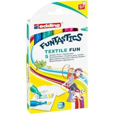 Bild av edding 17 FUNTASTICS textilmarkör för barn gul, brun, blå, röd, grön uppsättning av 5 pennor rund spets 2 3 mm tvättbeständig tygpenna upp till 60C tygmarkör