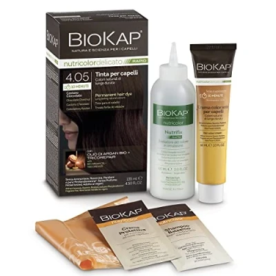 Bild av BIOKAP RAPID permanent hårfärg 4,05 choklad kastanjebrun ENDAST 10 minuters effekt Ekologisk arganolja TricoREPAIR komplex Vegan Optimal täckning Upp till 80% naturliga ingredienser