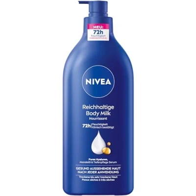 Bild av NIVEA Rik Body mjölk, intensivt närande kroppskräm med ren hyaluron, mandelolja och djupvårdsserum, lotion för torr hud (625 ml)