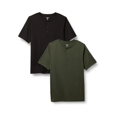 Bild av Amazon Essentials mäns normal passform kortärmad jersey Henley, 2 pack, svart/mörk oliv, Large