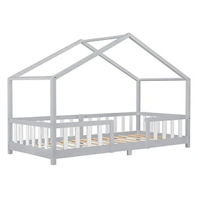 Bild av Juniorsäng Treviolo hussäng med sängskydd 200x90cm furu ljusgrå [en.casa]