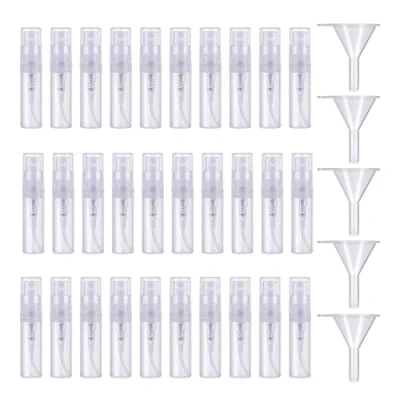 Bild av Lahviuu mini sprayflaska, 30 stycken 2 ml transparent plast sprayflaskor atomizer parfym sprayflaskor, för kroppsvård vätska kosmetika resor (med 5 tratt)
