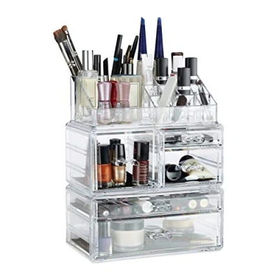 Bild av Relaxdays Sminkförvaring med 21 fack, sminktorn för läppstift, nagellack, akryl sminkbox, transparent