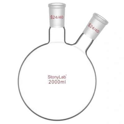 Bild av stonylab Glas Tung Vägg 2 Hals Rundbottnad Flaska RBF 2000 ml, med 24/40 Mitten Och Sidan Standard Konisk Yttre Fog, ml