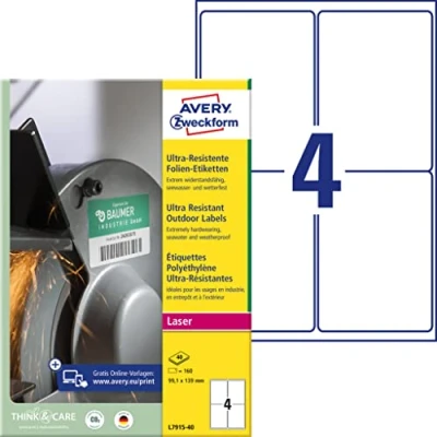 Bild av AVERY Specialform L7915 40 tåliga folieetiketter (99,1 x 139 mm på DIN A4, extremt starkt självhäftande, vattenfast, tryckt utomhus självhäftande folie) 160 klistermärken ark vit