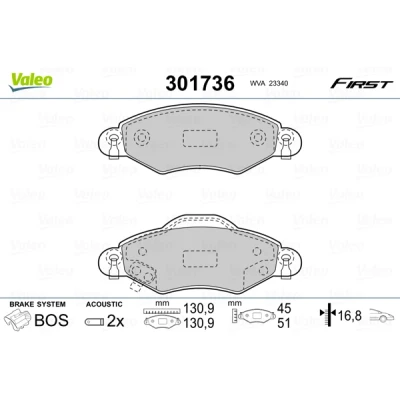 Bild av VALEO 301736 Jeu de plaquettes frein FIRST Essieu avant contact signal d&#039;usure inclus avec tôle anti bruit TOYOTA: Yaris I 3/5 portes