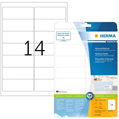 Bild av HERMA 8635 adressetiketter A4 (99,1 x 38,1 mm, 10 ark, papper, matt) självhäftande, utskrivbara, permanenta universella etiketter, 140 klistermärken, vit