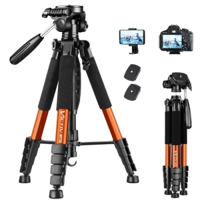 Bild av Victiv Kamerastativ, lätt aluminiumstativ för resor, DSLR stativ med 3 vägs svängbart huvud 360 graders panoramafotografering DSLR, YouTube, levnadsvlog, 183 cm (72 tum), orange
