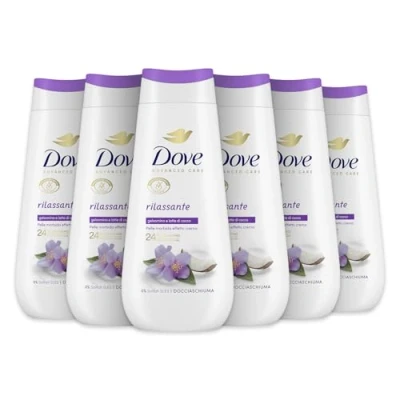 Bild av Dove Avkopplande duschtvål, fuktgivande mild formel på hudens mikrobiom, med växtmedel, sulfatfria SLES, duschbad för män och kvinnor, 6 st 225 ml