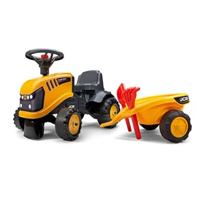 Bild av FALK JCB byggbärare med släpvagn från 12 månader tillverkad i Frankrike spade och kratta ingår 2 anpassningsstilar anpassningsbar registreringsskylt 215C